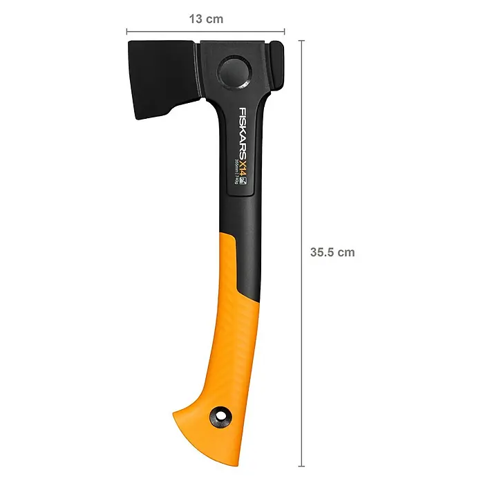 Fiskars X-series Universalaxt X14 - Länge: 35,5 cm - Abbildung einer Fiskars X14 Axt mit einer Klingenlänge von 13 cm und einer Gesamtlänge von 35,5 cm.