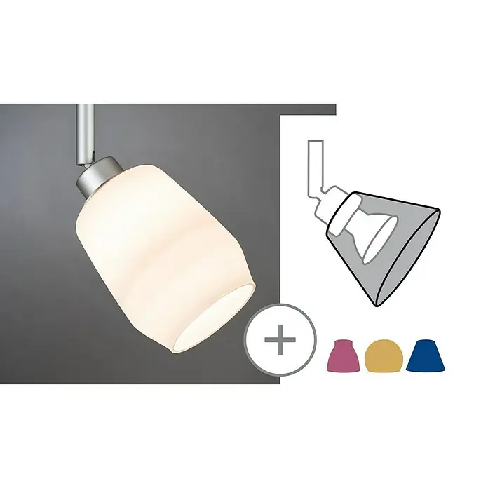 Paulmann DecoSystems Lampenschirm Vento - Durchmesser: 8 cm, Satin, Glas, Rund - Nahaufnahme einer modernen Lampe mit austauschbaren Lampenschirmen in verschiedenen Farben für eine individuelle Beleuchtung.