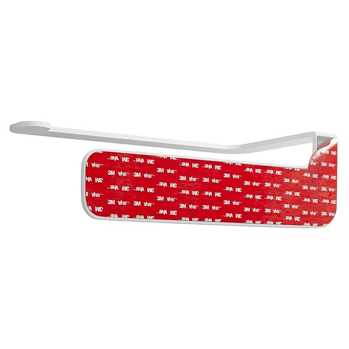 Camargue Antwerpen Papierrollenhalter - 16,5 x 9 x 5,5 cm, Weiß, Matt - Nahaufnahme einer weißen, selbstklebenden Kabelklemme mit einem roten 3M VHB-Klebestreifen für eine starke und dauerhafte Befestigung.