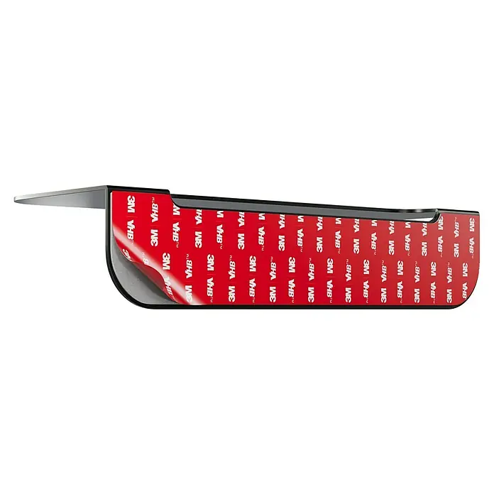 Camargue Antwerpen Ablage - Breite: 25 cm, Graphit, Matt - Nahaufnahme eines stilvollen, schwarzen Bücherregalhalters mit roter 3M VHB™ Klebefläche, ideal für die Wandmontage.
