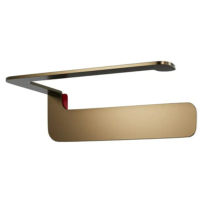 Camargue Antwerpen Papierrollenhalter - 16,5 x 9 x 5,5 cm, Kupfer, Matt - Nahaufnahme eines modernen goldenen Toilettenpapierhalters mit roten Akzenten vor einem schwarzen Hintergrund.