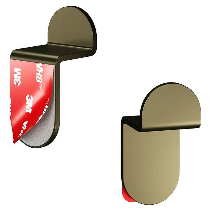Camargue Antwerpen Handtuchhaken - 2 Stk., Gold, Matt - Zwei goldfarbene selbstklebende Haken, einer mit sichtbarem 3M-Klebestreifen, ideal für die Wandmontage ohne Bohren.
