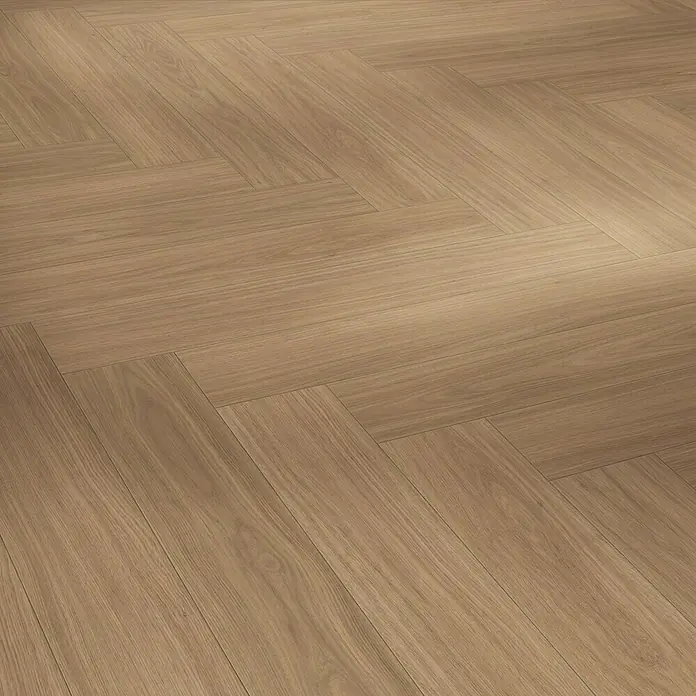 Parador Designbodenmuster Modular ONE Eiche Artemis karamellbraun - 200 x 140 x 9 mm, Fischgrät - Heller, moderner Holzboden in Fischgrätmuster. Die warmen Töne und die natürliche Maserung schaffen eine einladende Atmosphäre.