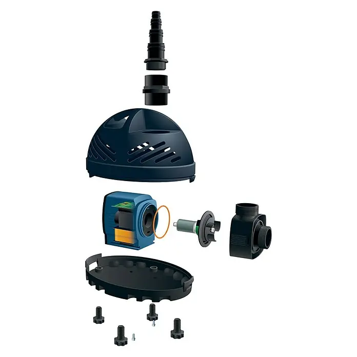 Ubbink Bachlaufpumpe Cascademax 14000 - 120 W, Fördermenge pro Std.: 13.600 l - Explosionsansicht einer Teichpumpe mit verschiedenen Komponenten, inklusive Gehäuse, Motor und Befestigungselementen.