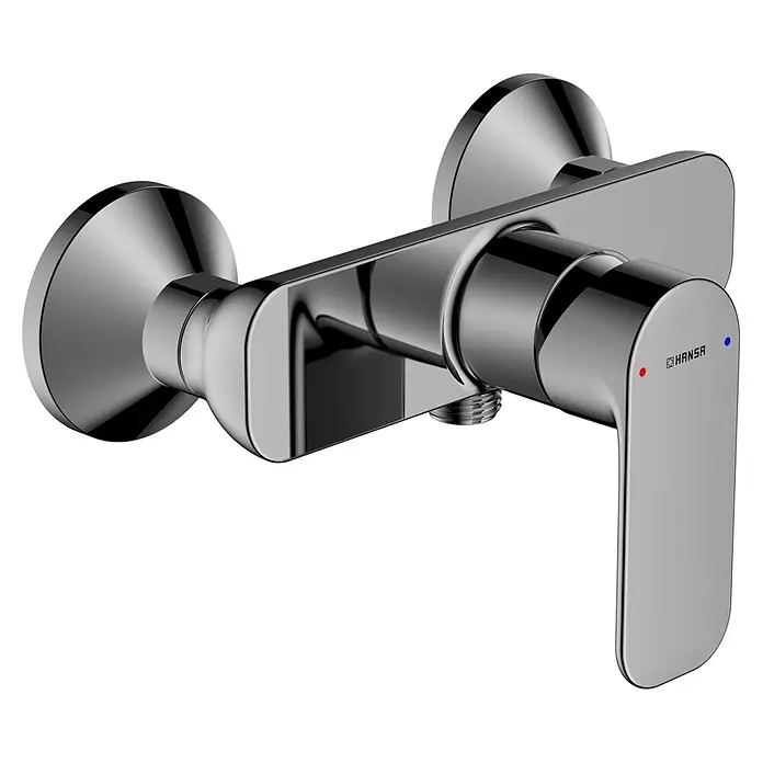 Hansa Pico Brausearmatur - Chrom, Glänzend - Nahaufnahme einer glänzenden Hansa Armatur mit Einhebelmischer und Temperaturanzeige, die modernes Design für Badezimmer präsentiert.