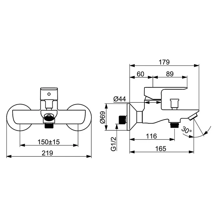 Hansa Pico Badewannenarmatur - Ausladung Armatur: 165 mm, Chrom, Glänzend - Technische Zeichnung eines Wasserhahns mit allen Maßen und Winkeln. Ideal für Installationspläne.