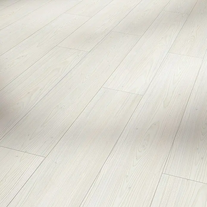 Parador Designbodenmuster Modular ONE Lärche Apollo weiß - 200 x 194 x 8 mm, Landhausdiele - Nahaufnahme eines weißen Holzbodenbelags mit natürlicher Maserung, der eine helle und moderne Ästhetik für jeden Raum bietet.