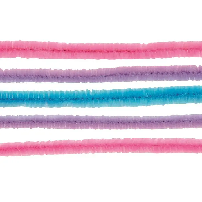 Glorex Biegeplüsch Mix II - Rosa/Lila/Blau, 50 cm, 10 Stk. - Nahaufnahme von farbigen, flauschigen Pfeifenreinigern in Rosa, Lila und Blau, die nebeneinander angeordnet sind.