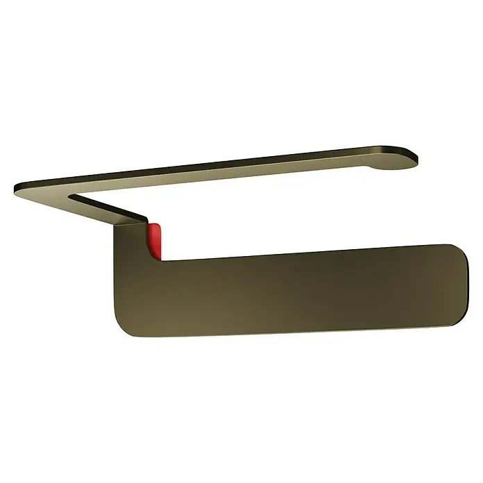 Camargue Antwerpen Papierrollenhalter - 16,5 x 9 x 5,5 cm, Gold, Matt - Nahaufnahme eines modernen, goldenen Toilettenpapierhalters mit einem roten Akzent, der ein elegantes Badezimmer-Accessoire darstellt.