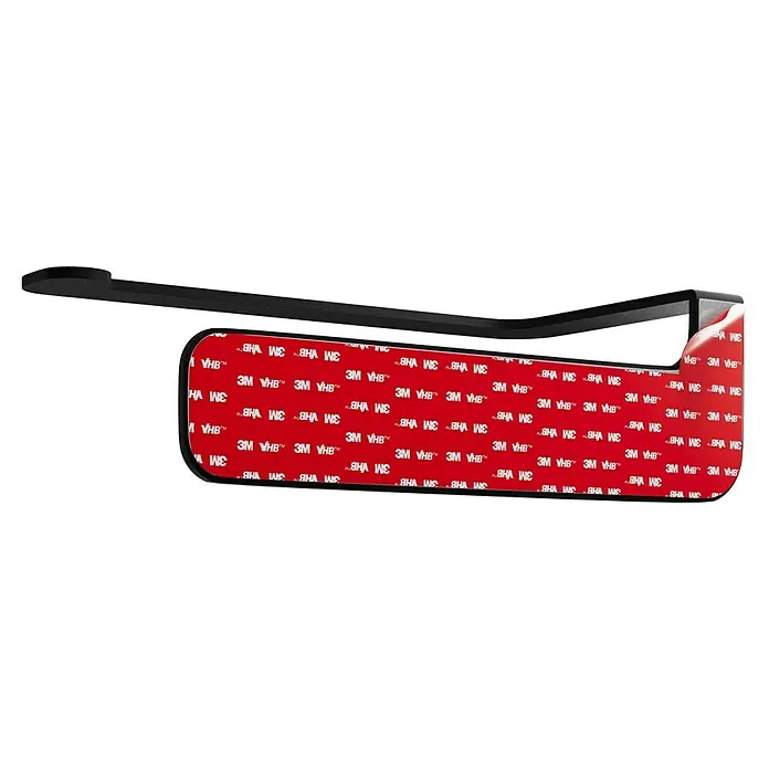 Camargue Antwerpen Papierrollenhalter - 16,5 x 9 x 5,5 cm, Schwarz, Matt - Nahaufnahme eines schwarzen Türhakens mit roter 3M VHB-Klebefläche, der eine einfache und sichere Montage ermöglicht.