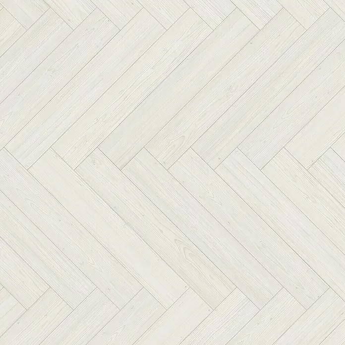 Parador Designbodenmuster Modular ONE Lärche Apollo weiß - 200 x 140 x 9 mm, Fischgrät - Heller Holzboden im Fischgrätmuster, ideal für moderne Innenräume. Die Oberfläche ist glatt und einheitlich hell.