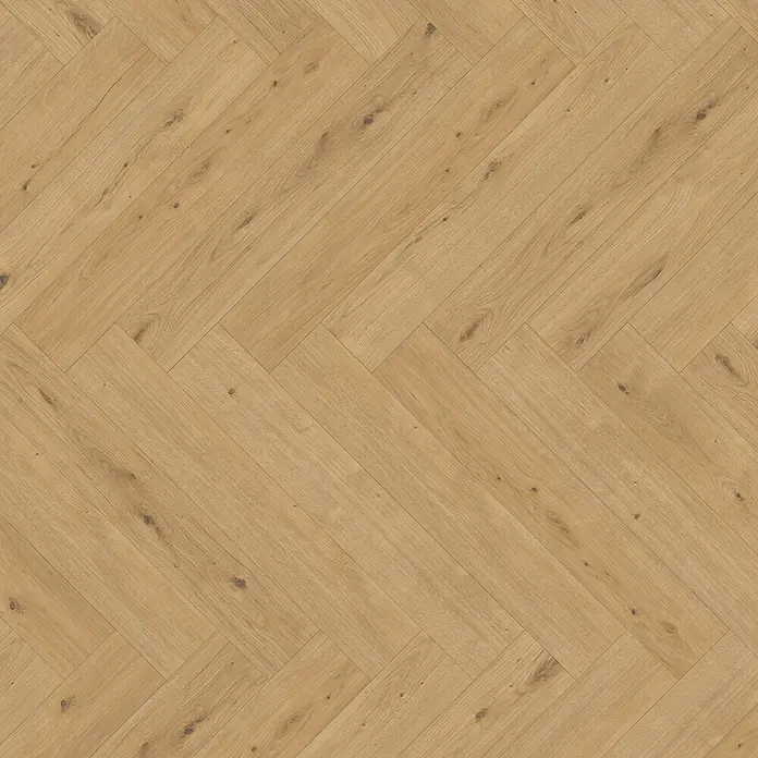 Parador Designbodenmuster Modular ONE Eiche Atmosphere natur - 200 x 140 x 9 mm, Fischgrät - Bild eines hellen Fischgrätparkettbodens mit natürlicher Holzmaserung für ein stilvolles und warmes Ambiente.