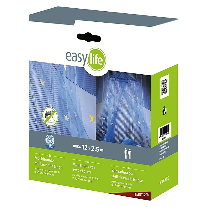 Easy Life Emotions Moskitonetz Dreams - Ø x L: 1.200 x 250 cm, Farbe Netz: Blau - Produktverpackung: Moskitonetz mit Leuchtsternen für Einzel- und Doppelbetten, ø 60 cm, blaue Farbe von Easy Life mit den Massen max. 12 x 2,5 m.