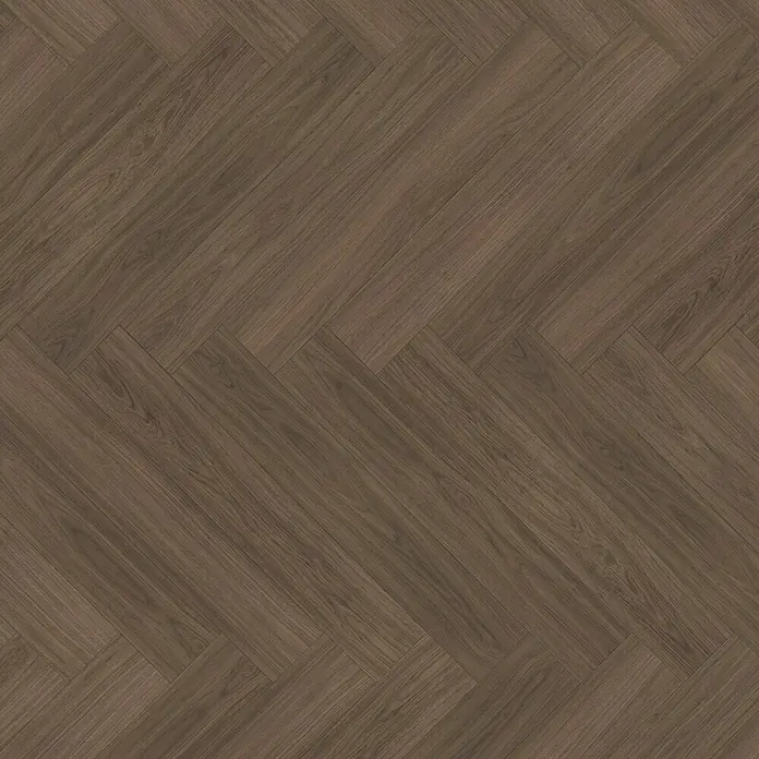 Parador Designbodenmuster Modular ONE Eiche Artemis kaffeebraun - 200 x 140 x 9 mm, Fischgrät - Nahaufnahme von braunem, in Fischgrätenmuster verlegtem Hartholzboden, der Wärme und Eleganz in jeden Raum bringt.