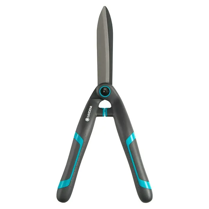 Gardena Tijeras de podar manuales PrecisionCut - Largo: 475 mm - Unas tijeras de jardín Gardena con mangos grises y detalles azules claros, las hojas son grises.