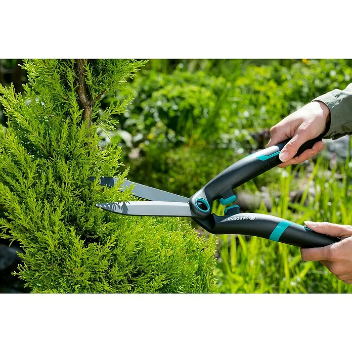 Gardena Tijeras de podar manuales PrecisionCut - Largo: 475 mm - Una persona está usando unas tijeras de jardín Gardena para podar un arbusto verde, fomentando el crecimiento y manteniendo su forma deseada.