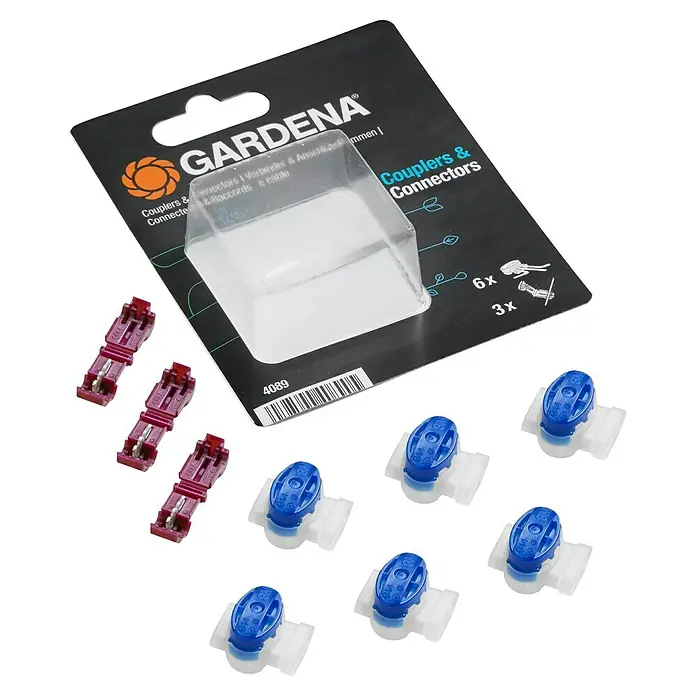 Gardena Conector clip para robot cortacésped R40LI - Específico para: Robot cortacésped Gardena - Kit de conectores de cable Gardena, incluye 6 conectores azules y 3 rojos, para conexiones de cable fáciles y seguras en el jardín.