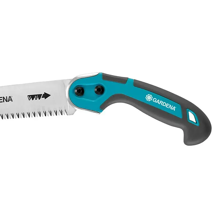Gardena Sierra de podar manual 300 P - Largo: 495 mm, Plástico, Plateado, Negro, Turquesa - Una práctica sierra de podar Gardena con un mango ergonómico en turquesa y gris, ideal para podar árboles con precisión en el jardín.