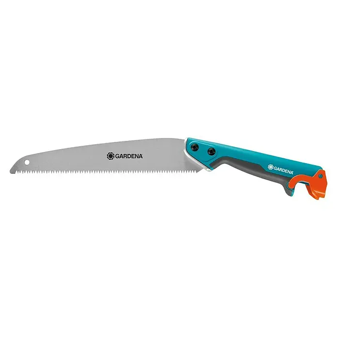 Gardena Combisystem Hand-Astsäge 300PP - Länge: 514 mm, Kunststoff, Silber, Türkis - Das Bild zeigt eine Gardena Astsäge mit einem blau-grauen Griff und einer gebogenen Sägeblatt. Das Sägeblatt ist silbern und hat feine Zähne.