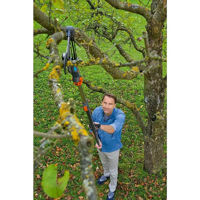 Gardena Combisystem Cortarramas de jardín - Grosor de rama máx.: 35 mm, Mango tipo D con resistente cable de tracción, sistema de guardado de cable (sin enredos) y fijación de cable - Hombre podando árbol con podadora de altura GARDENA. Corta sin esfuerzo ramas altas desde el suelo, para un mantenimiento perfecto del jardín.