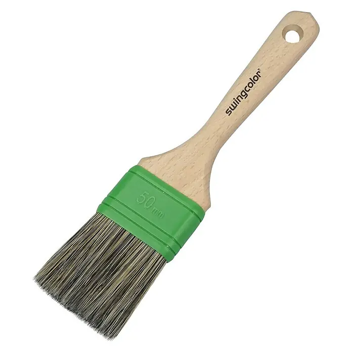 swingcolor Premium Beizpinsel - Breite Borsten: 50 mm, Spezialmischung, Holz - Pinsel mit Holzgriff und grüner Kunststoffhalterung, ideal zum Malen und Lackieren.