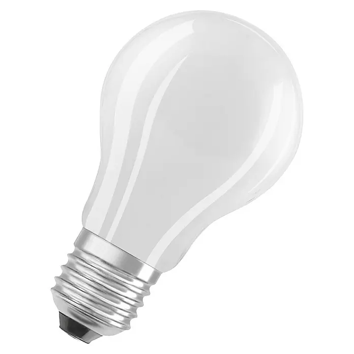 Osram LED-Leuchtmittel CLA100 - 7,2 W, 1.521 lm, Weiß - Nahaufnahme einer matten LED-Lampe mit E27-Sockel, die energiesparende Beleuchtung und langlebige Leistung verspricht.