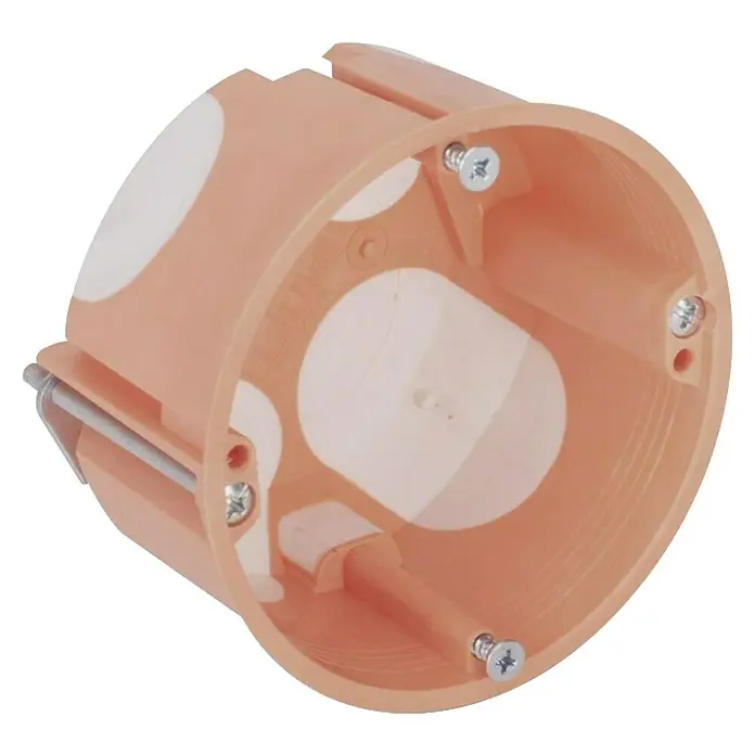 Dietzel Univolt Hohlwanddose - 65 x 45 mm, Mit Durchstoßmembran, Orange, 20 Stk. - Eine runde, orangefarbene Unterputzdose mit weißen Aussparungen und Schrauben zur Befestigung. Sie ist für Elektroinstallationen geeignet.