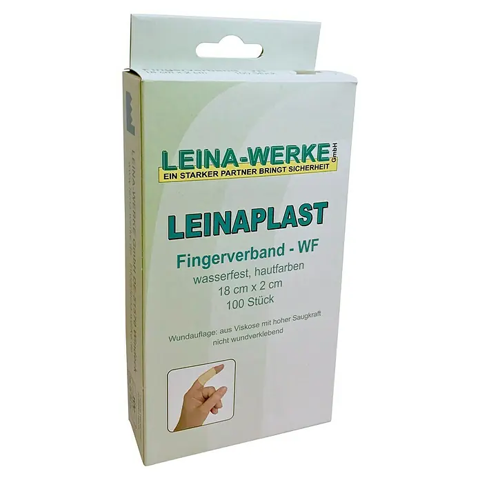 Leina-Werke Fingerverband - 100 Stk., 18 x 2 cm, Wasserfest - Abbildung einer Packung LEINAPLAST Fingerverbände WF, wasserfest und hautfarben, enthält 100 Stück in der Grösse 18 cm x 2 cm.