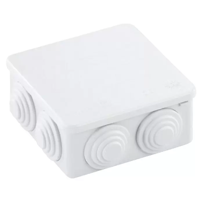 Feuchtraum-Abzweigdose - 90 x 90 x 40 mm, Aufputz, IP55 - Weiße Kunststoff-Abzweigdose mit mehreren runden Kabeleinführungen.