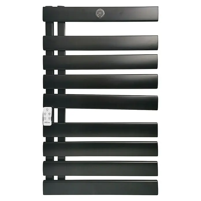 Purline Radiador toallero eléctrico NTW-15 Wifi - An x Al: 55 x 91 cm, 500 W, Negro - Un moderno toallero negro con barras horizontales y controles digitales, perfecto para cualquier baño.
