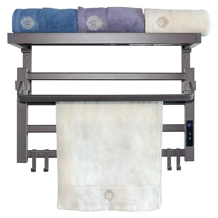 Purline Radiador toallero eléctrico NTW-09 - An x Al: 57 x 39 cm, 55 W, Negro - La imagen muestra un moderno toallero calefactado de metal con múltiples toallas en varios colores y una pantalla.