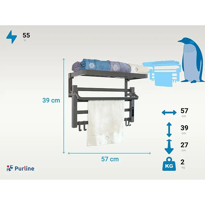 Purline Radiador toallero eléctrico NTW-09 - An x Al: 57 x 39 cm, 55 W, Negro - En la imagen se muestra un toallero calefactado con unas dimensiones de 57x39x27 cm y un peso de 2 kg.