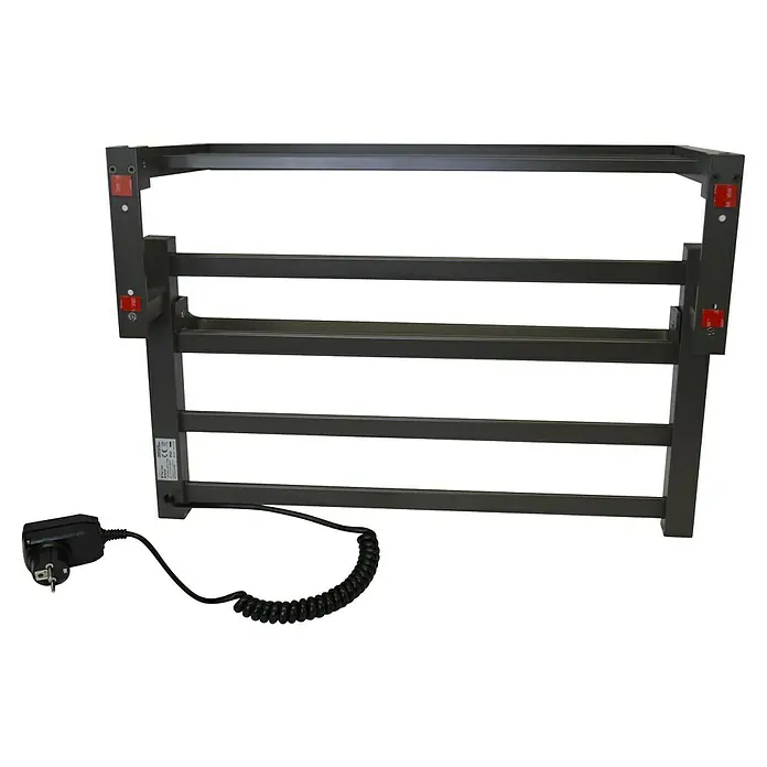 Purline Radiador toallero eléctrico NTW-09 - An x Al: 57 x 39 cm, 55 W, Negro - Toallero eléctrico negro con cuatro barras y cable de alimentación. Ideal para baños para mantener las toallas calientes y secas.
