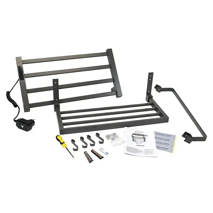 Purline Radiador toallero eléctrico NTW-09 - An x Al: 57 x 39 cm, 55 W, Negro - Imagen de un toallero eléctrico con accesorios, incluyendo material de montaje y manual de instrucciones.