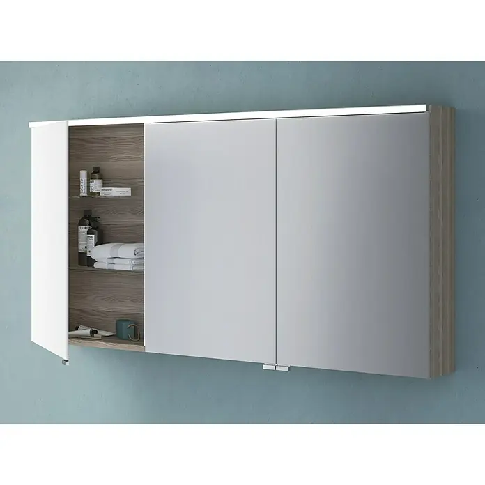 Camargue LED-Spiegelschrank Cube/Loft - B x H: 120 x 62 cm, Mit Beleuchtung, Eiche Cordoba - Ein Badezimmerschrank mit Spiegel und offenem Fach zur Aufbewahrung von Badartikeln. Elegantes Design für jedes moderne Badezimmer.