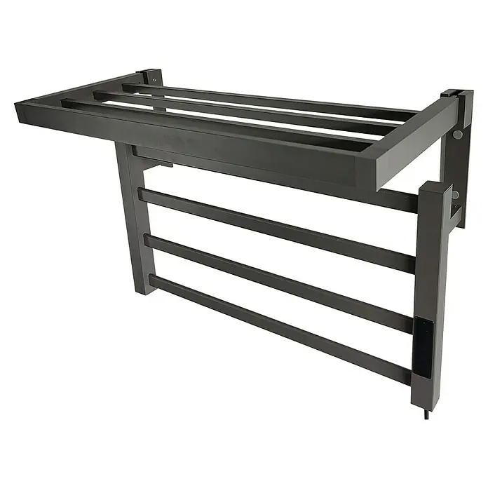 Purline Radiador toallero eléctrico NTW-09 - An x Al: 57 x 39 cm, 55 W, Negro - Imagen de un toallero eléctrico gris montado en la pared con estante para toallas adicionales.