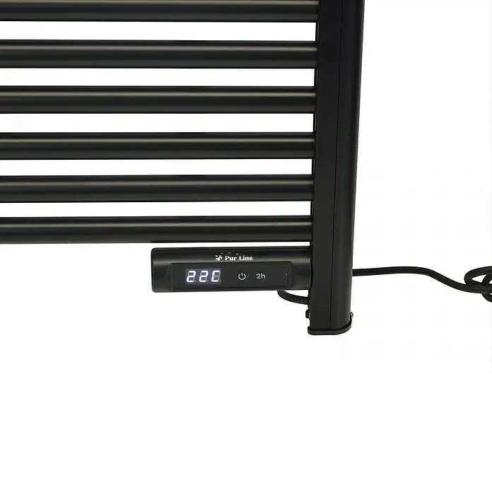 Purline Radiador toallero eléctrico NTW-11 - An x Al: 54 x 107 cm, 500 W, Negro - Primer plano de un toallero eléctrico Pur Line, que muestra la pantalla digital y el cable de alimentación.