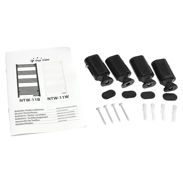 Purline Radiador toallero eléctrico NTW-11 - An x Al: 54 x 107 cm, 500 W, Negro - La imagen muestra un toallero eléctrico con accesorios como soportes, tornillos y tacos para el montaje en la pared.