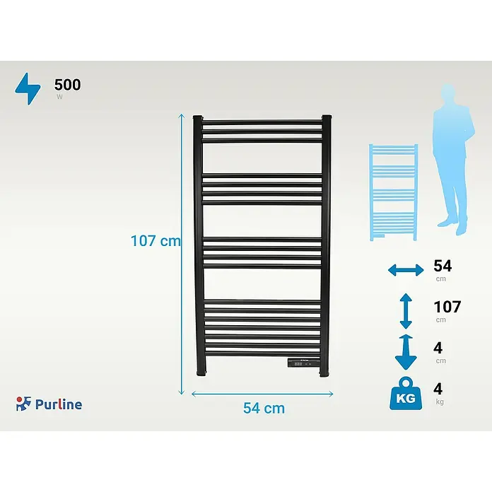 Purline Radiador toallero eléctrico NTW-11 - An x Al: 54 x 107 cm, 500 W, Negro - Imagen de un toallero eléctrico negro con dimensiones de altura, anchura y profundidad, así como especificaciones de potencia y peso.