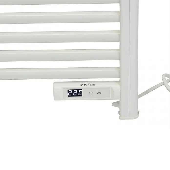 Purline Radiador toallero eléctrico NTW-11 - An x Al: 54 x 107 cm, 500 W, Blanco - Primer plano de un toallero blanco calefactado con pantalla digital y fuente de alimentación lateral.