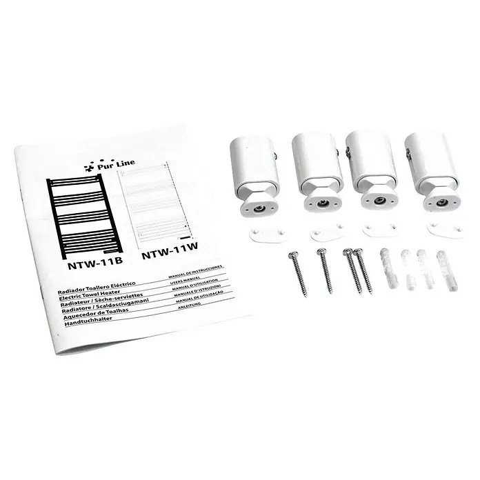 Purline Radiador toallero eléctrico NTW-11 - An x Al: 54 x 107 cm, 500 W, Blanco - Imagen de un calentador de toallas Pur Line NTW-11B/11W con accesorios. Incluye soportes, tornillos y tacos para el montaje en pared.