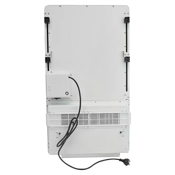 Purline Elektro-Badheizkörper Zafir V2000T - B x H: 45 x 80 cm, 2.000 W, Silber - Rückseite eines weißen Geräts mit schwarzen Halterungen, Steuerbox und Lüftungsgittern. Ein schwarzes Stromkabel mit Eurostecker ist sichtbar.