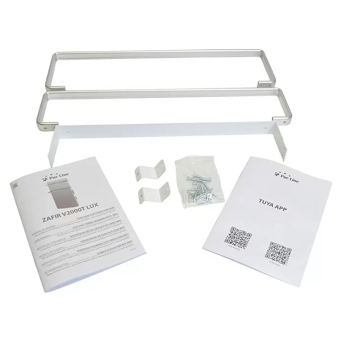 Purline Elektro-Badheizkörper Zafir V2000T - B x H: 45 x 80 cm, 2.000 W, Silber - Weißer elektrischer Handtuchwärmer mit zwei silbernen Stangen, Montagematerial und Bedienungsanleitungen zur Montage.