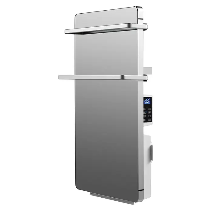 Purline Elektro-Badheizkörper Zafir V2000T - B x H: 45 x 80 cm, 2.000 W, Silber - Eleganter spiegelnder grauer elektrischer Handtuchwärmer mit weißen Seiten, zwei Chromstangen, blauer Digitalanzeige.