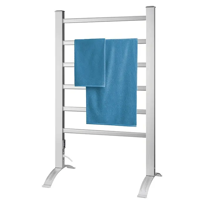 Purline Elektro-Badheizkörper NTW-05 - B x H: 53 x 90 cm, 100 W, Silber - Elektrischer Handtuchwärmer mit zwei blauen Handtüchern. Praktisches Accessoire für jedes Badezimmer.