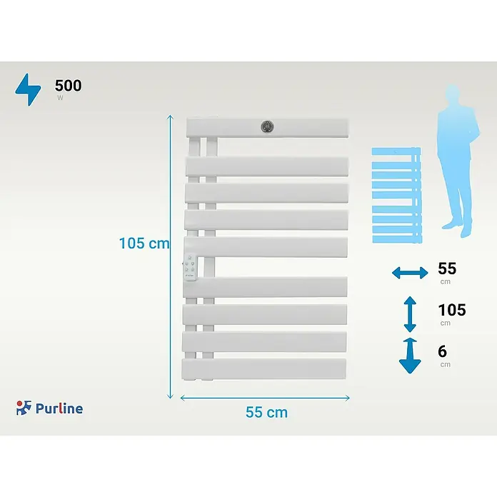 Purline Elektro-Badheizkörper NTW-15 Wifi - B x H: 55 x 91 cm, 500 W, Weiß - Produktabbildung eines Purlin Handtuchwärmers mit den Maßen 105 cm Höhe, 55 cm Breite und einer Tiefe von 6 cm, 500 Watt Leistung.