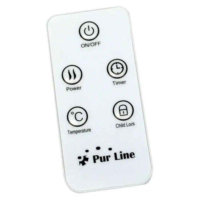 Purline Elektro-Badheizkörper NTW-15 Wifi - B x H: 55 x 91 cm, 500 W, Weiß - Nahaufnahme einer weißen Pur Line Fernbedienung mit verschiedenen Tasten für Ein/Aus, Leistung, Timer, Temperatur und Kindersicherung.