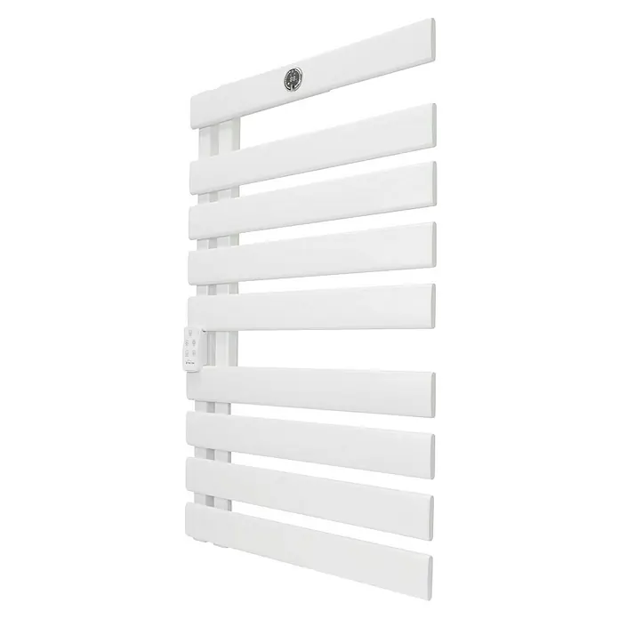 Purline Elektro-Badheizkörper NTW-15 Wifi - B x H: 55 x 91 cm, 500 W, Weiß - Ein weißer beheizbarer Handtuchhalter mit mehreren horizontalen Stangen zum Trocknen und Wärmen von Handtüchern im Badezimmer.