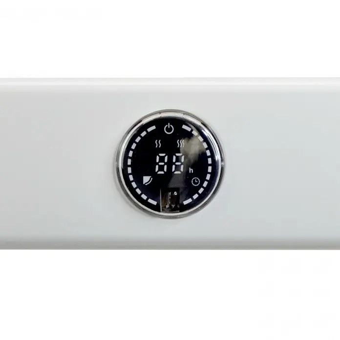 Purline Elektro-Badheizkörper NTW-15 Wifi - B x H: 55 x 91 cm, 500 W, Weiß - Nahaufnahme eines runden, digitalen Displays mit einer Anzeige von "88", umgeben von verschiedenen Symbolen auf einem weißen Heizkörper.
