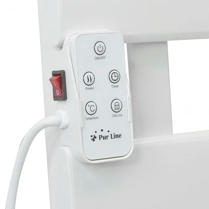 Purline Elektro-Badheizkörper NTW-15 Wifi - B x H: 55 x 91 cm, 500 W, Weiß - Nahaufnahme der Bedienelemente eines Pur Line Produkts, einschließlich Ein/Aus, Leistung, Timer, Temperatur und Kindersicherung.
